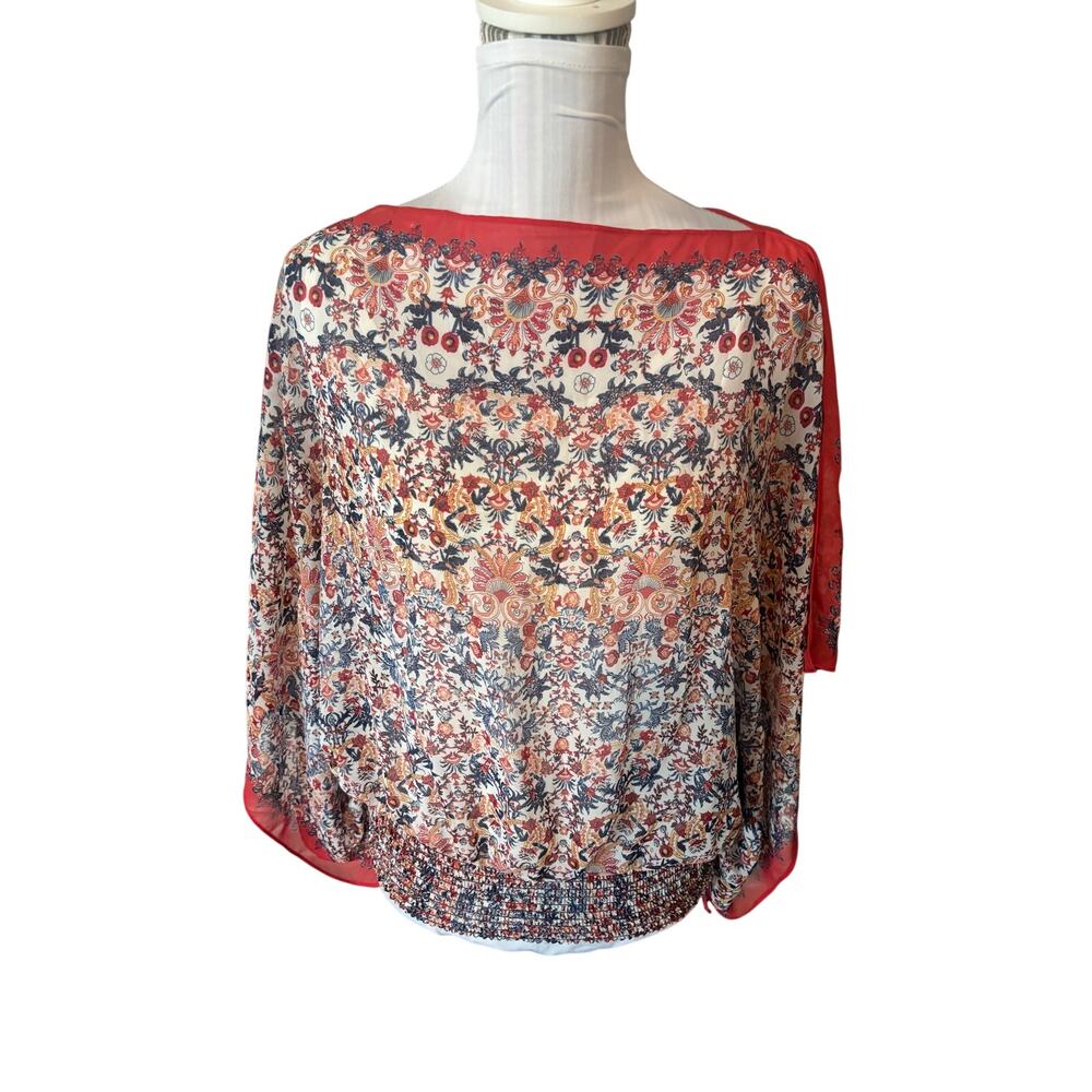 Max Studio Red & Blue Floral Print Boho Blouse Size M